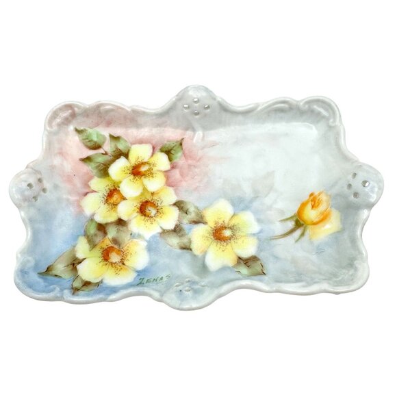 Hand Painted Vintage Yellow FlowerTrinket Tray Signed By Zenas 1940s - Picture 1 of 9